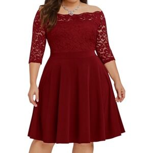 Vintage Style Dress Burgundy Lace Off Shoulder Fit & Flare Midi Romantic Glam XL